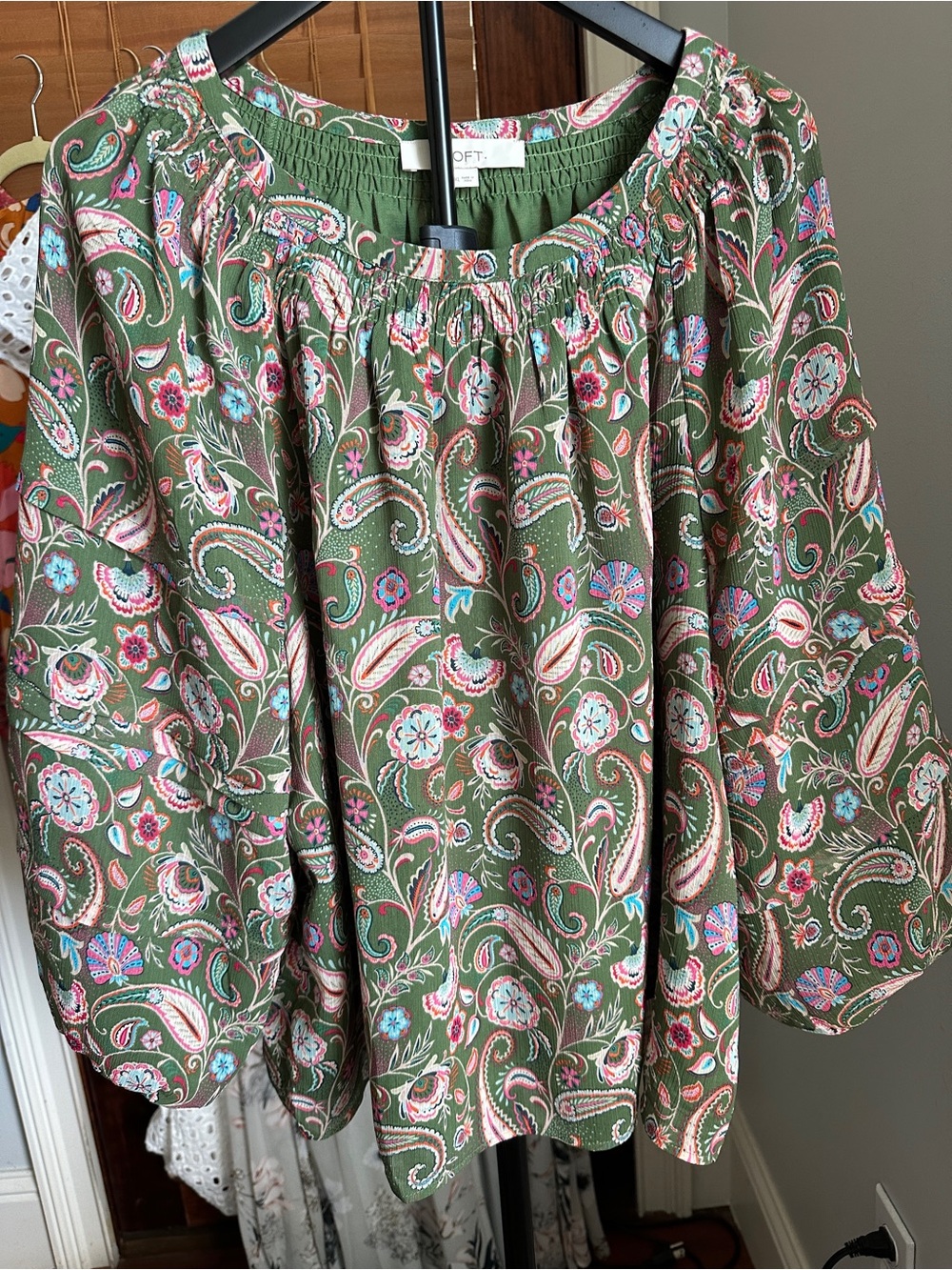 LOFT Green Paisley Peasant Blouse